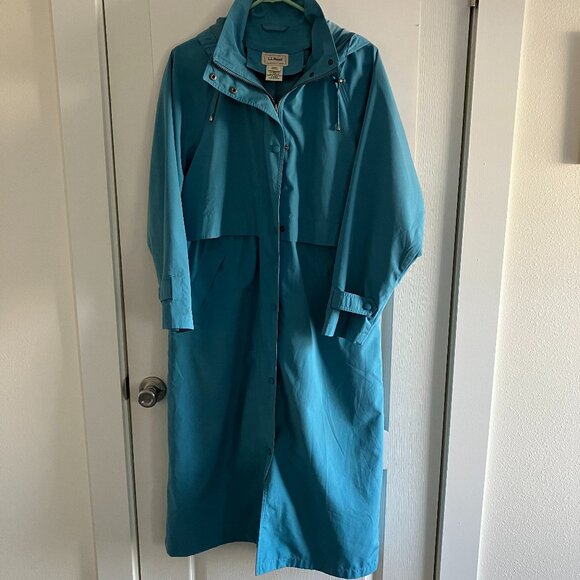 L.L. Bean Jackets & Blazers - L.L. Bean Vintage Teal Trench Long Raincoat Womens Medium Removable Hood READ